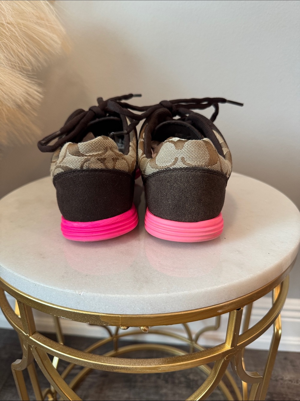 Coach Brown Signature Canvas Sneakers with Hot Pink Sole - Picture 4 of 10